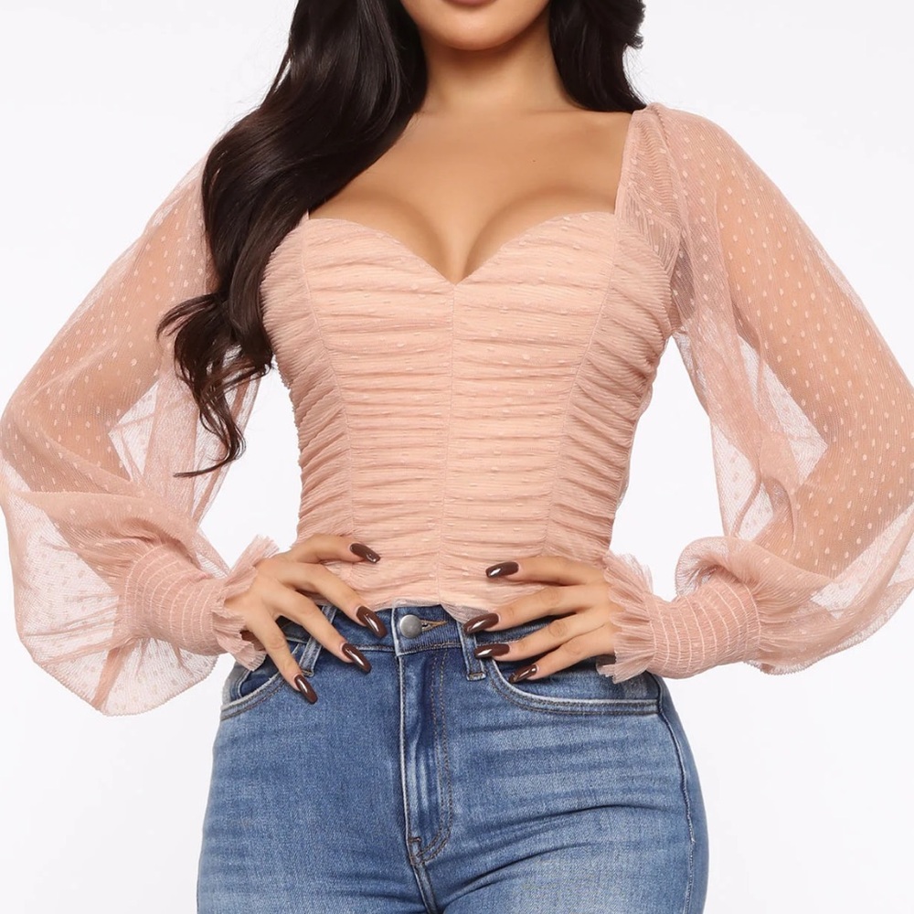 Brown polka dot mesh sweetheart neckline taupe brown tan cream long sleeve top
